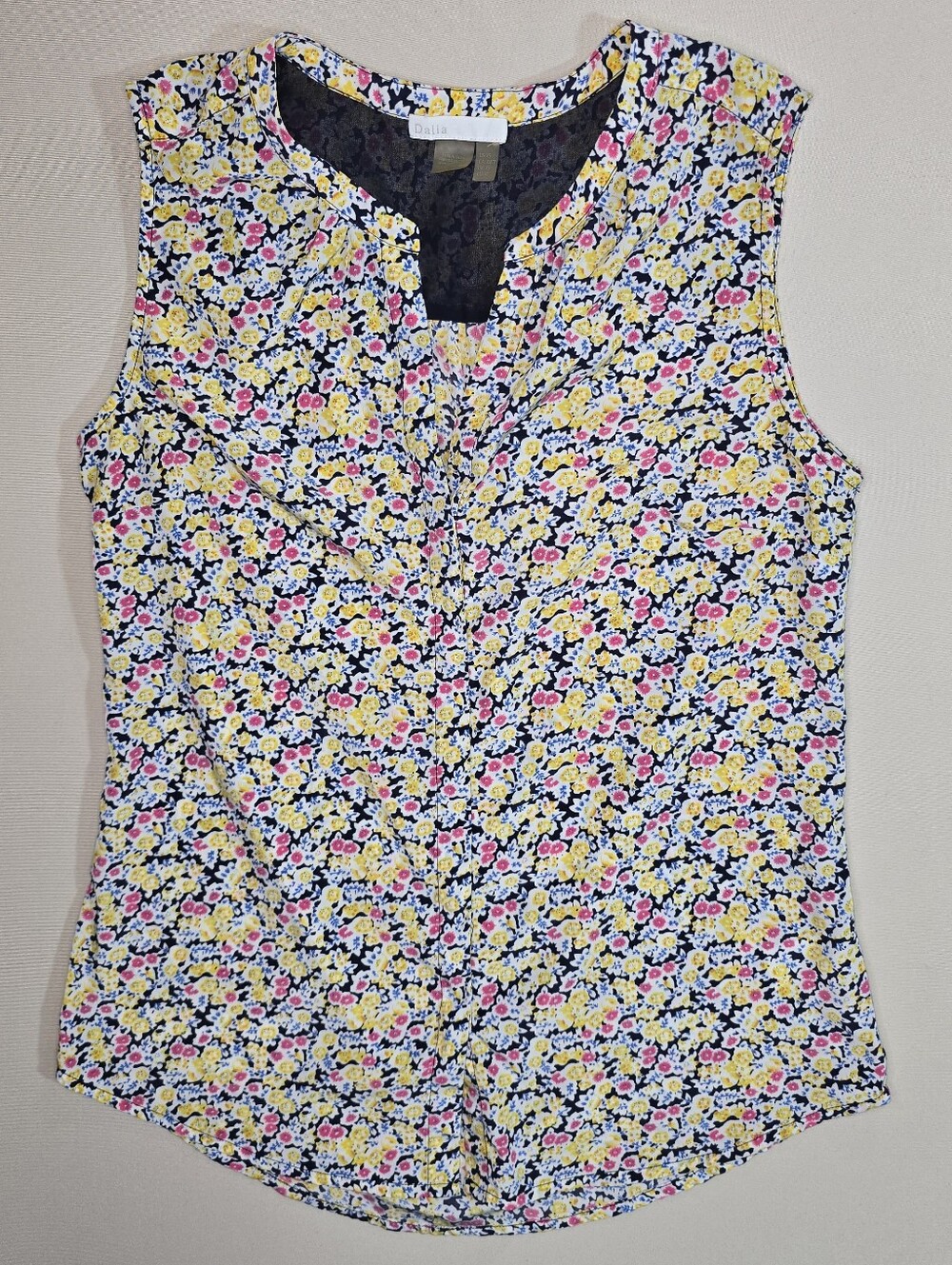 Dalia Sleeveless Floral Camisole Hidden Button closure in Yellow, Pink & Navy